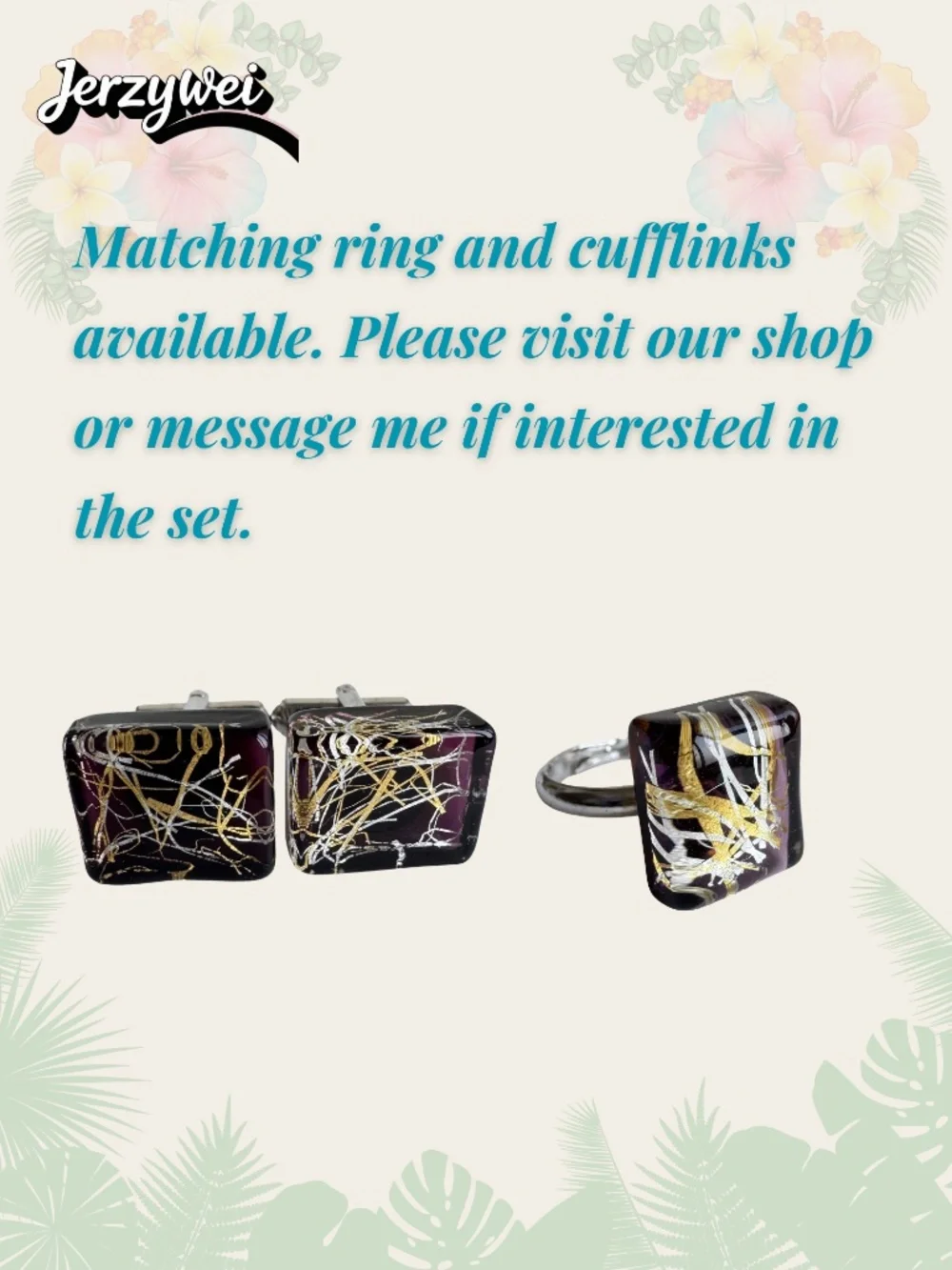 Vintage Purple Art Glass Cufflinks Gold Silver Foil Chunky Square Modernist Gift